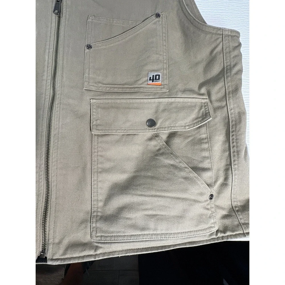 40 Grit by Duluth Trading Co Mens 2XL Khaki Canvas Utility Work Vest Full Zip